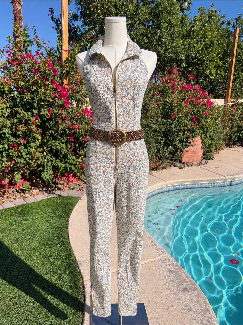 Floral Zip-Front Sleeveless Jumpsuit - Cream